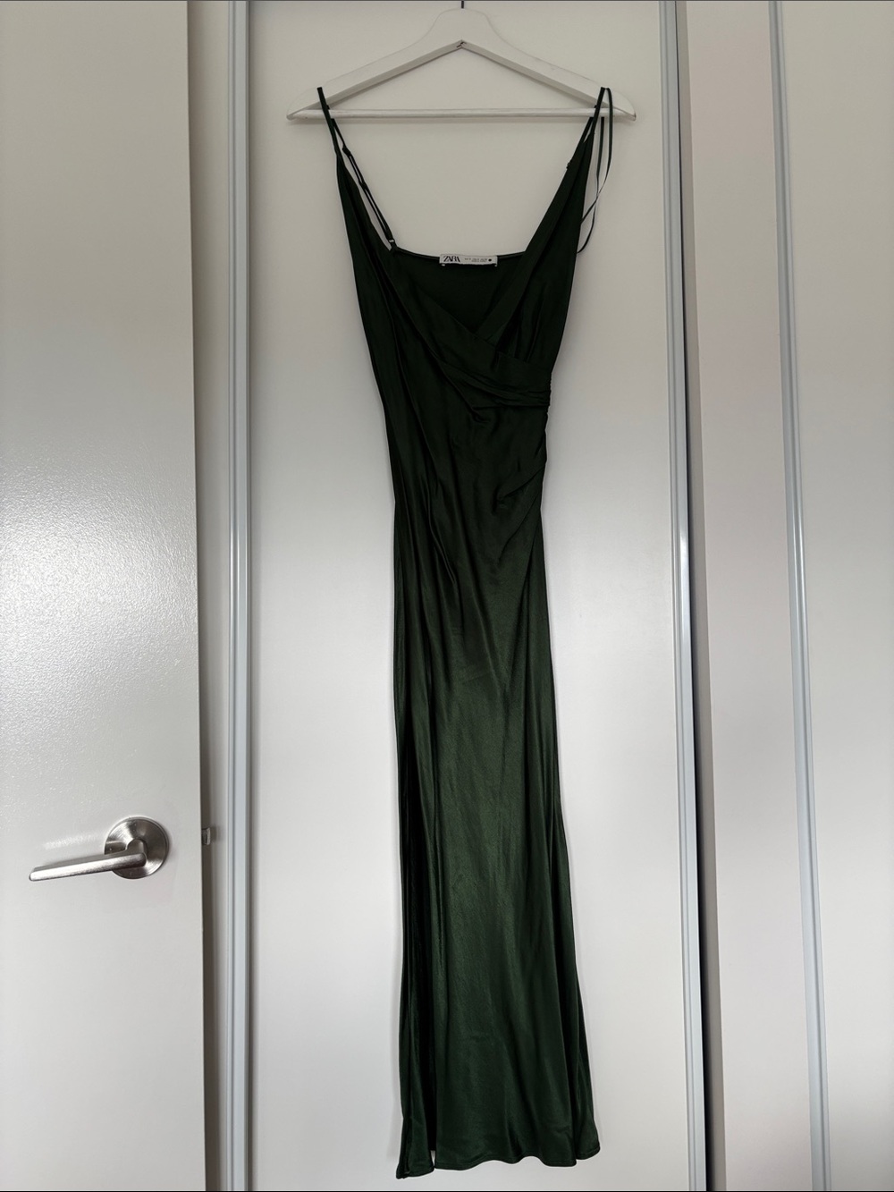 Zara Deep Green Satin Maxi Slip Dress with Spaghetti Straps-S